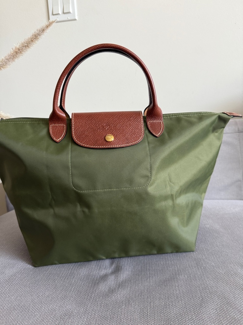 Longchamp Olive Green Nylon Tote with Brown Leather Trim